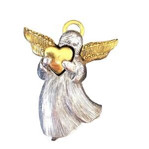Vintage Signed LC Two Tone Gold & Silver Tone Angel Holding A Heart Halo Brooch